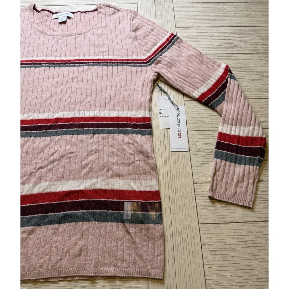 NWT Liz Claiborne Pink Striped Knit Ribbed Women's Sz XL Long Sleeve Sweater